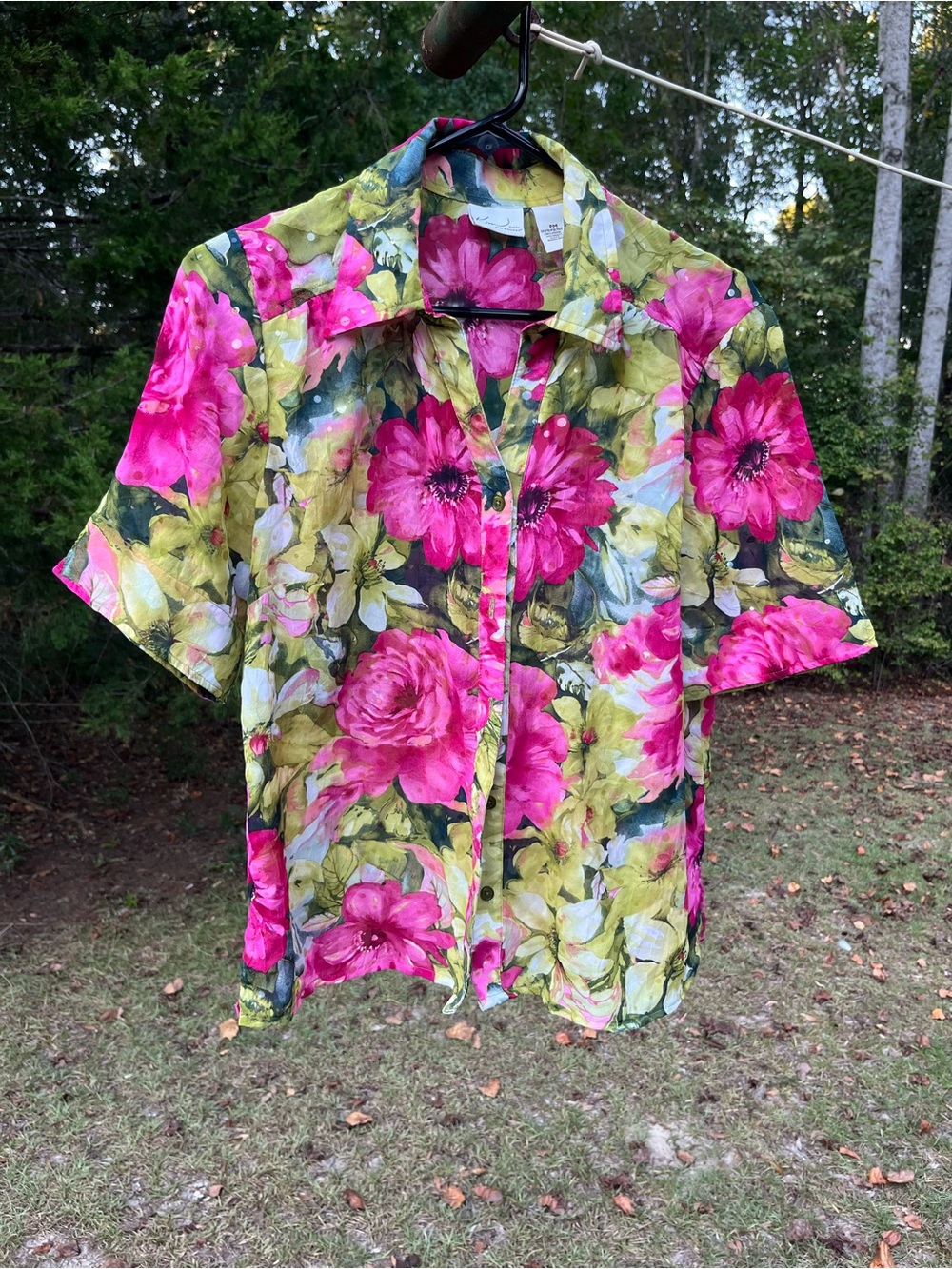 Kim Rogers sheer sparkle Floral Short-Sleeve Blouse - Hot Pink & Olive Green